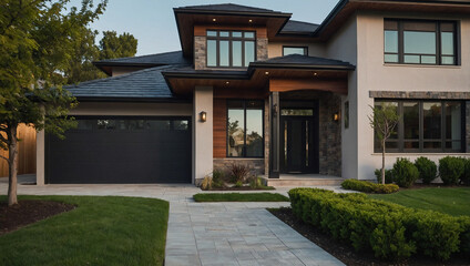 Obraz premium Modern Two-Story House with Stone Accents and Landscaped Grounds