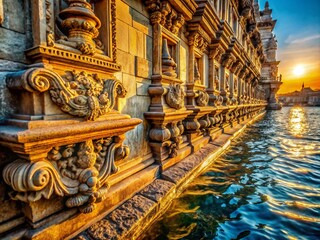 Fototapeta premium Macro Waterfront Monument: Architectural Detail, Coastal Cityscape, Stonework Close-up