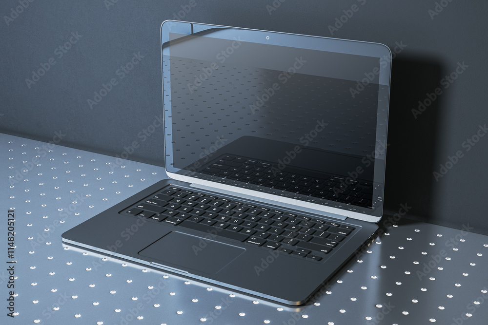 Poster Open laptop with blank screen displayed on metallic surface with dotted pattern, reflecting modern and sleek design. 3D Rendering