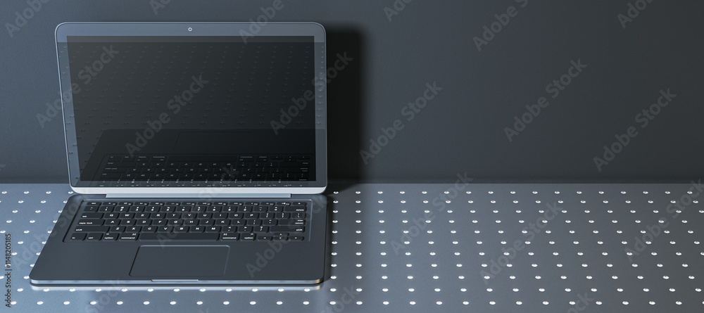 Aufkleber Open laptop on a dotted metallic surface with a dark background, showcasing a clean and modern design for technology presentations. 3D Rendering
