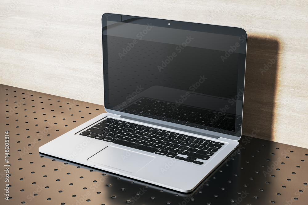 Poster Modern open laptop with blank screen on perforated metallic surface, closeup view. 3D Rendering