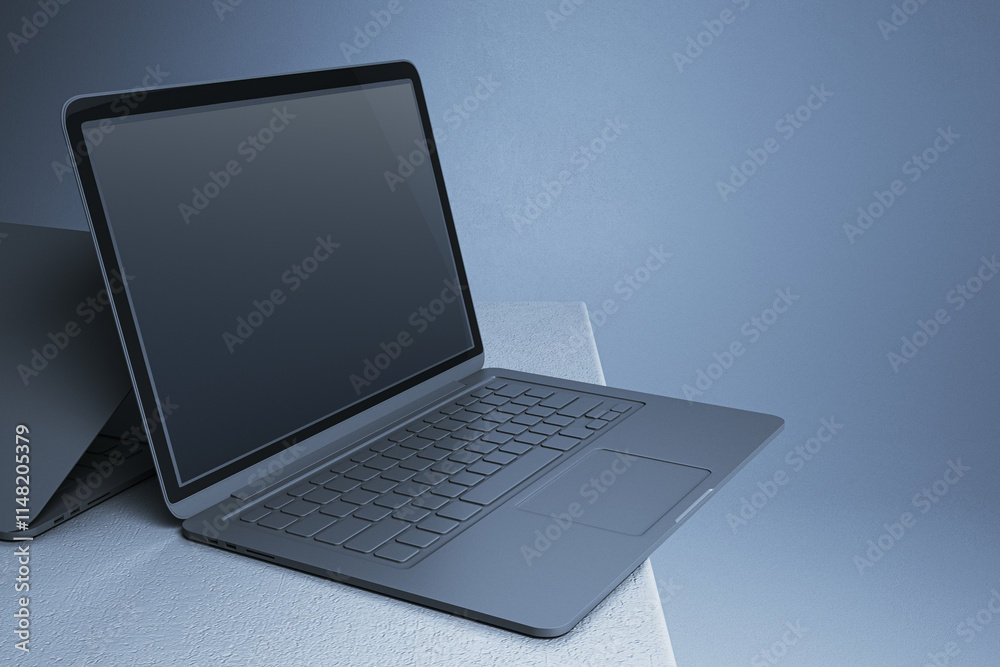 Poster Modern open laptop with blank screen and metallic keyboard on textured surface in blue minimalistic background for design presentation. 3D Rendering