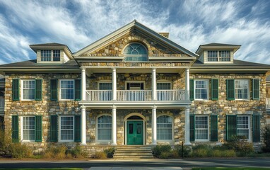 Fototapeta premium A beautiful photo of the Ocean House in Harrisonia, showcasing American country style with a stone facade, green shutters, and large balcony windows on each floor