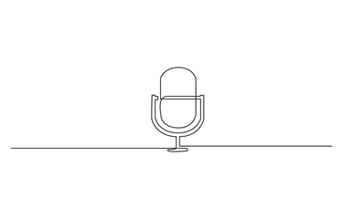 Continuous one line drawing of podcast microphone, One continuous editable linear music player soundbar template with microphone button. Recording sound and sound wave in line art style.