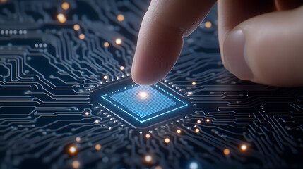 Realistic close-up of a finger touching a chip on a circuit board, symbolizing technology, innovation, and precision, capturing the intricate details of digital components and the connection between h