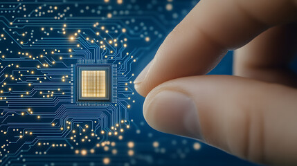 Realistic close-up of a finger touching a chip on a circuit board, symbolizing technology, innovation, and precision, capturing the intricate details of digital components and the connection between h