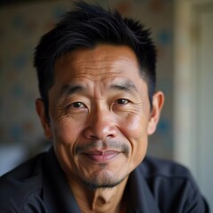 Obraz premium A Thai man with a gentle smile sits indoors, radiating a sense of warmth and friendliness. The background hints at local decor, showing an inviting atmosphere typical of Thai homes. Generative AI
