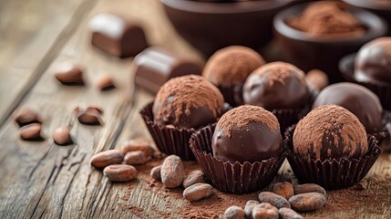 Delicious Handmade Chocolate Truffles with Cocoa Powder on Rustic Wooden Table Surrounded by Cocoa Beans and Chocolate Pieces for Sweet Treat Lovers