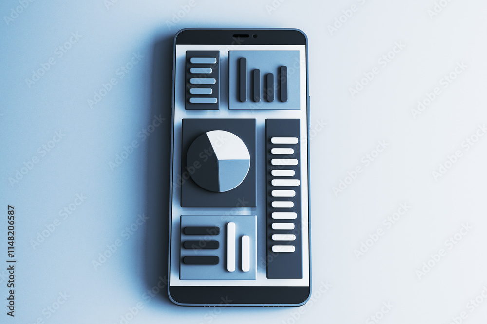 Poster Smartphone displaying 3D charts and graphs representing financial data. 3D Rendering