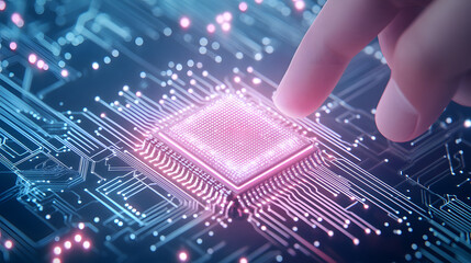 Realistic close-up of a finger touching a chip on a circuit board, symbolizing technology, innovation, and precision, capturing the intricate details of digital components and the connection between h