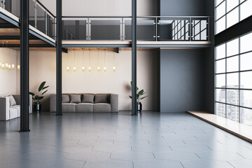 Modern spacious loft-style interior with large windows, grey floor tiles, cozy sofa, black metal...