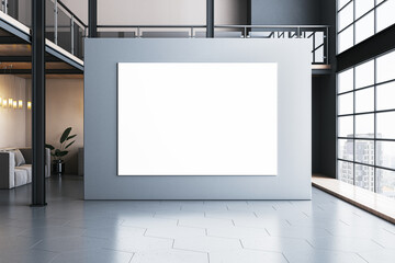 Blank canvas on a gray wall in a modern, spacious interior with glass windows and city view. 3D...