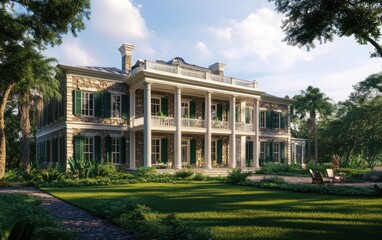 Fototapeta premium A stunning exterior view of the newly opened Ocean House in Harrisonia, featuring American country style architecture with a stone facade, green shutters