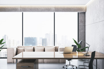 Modern executive office with wooden table, chair, sofa, and large windows overlooking a cityscape. 3D Rendering