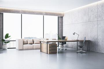 Modern executive office interior with wooden desk, sofa, and city view through large windows. Clean...
