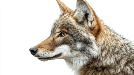 Obraz premium Detailed Profile of a Wolf with Distinctive Fur Patterns and Expressive Eyes Against a Clean White Background for Wildlife Photography Use