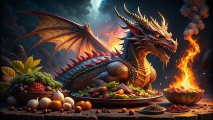 Fototapeta premium Majestic Dragon Food Photography, Fantasy Dragon PNG Background, Digital Food Art, Culinary Dragon Image