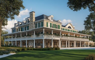 Exterior view of the newly opened Ocean House in Harrisonia, designed in American country style, featuring a stone facade