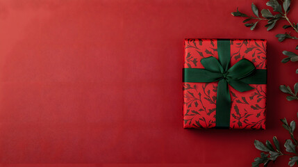 A red gift box with a green ribbon, symbolizing the festive spirit of Christmas, beautifully wrapped for holiday celebrations, evoking feelings of joy, warmth, and the excitement of giving and receivi