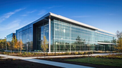 Obraz premium Modern glass office building on a sunny day.