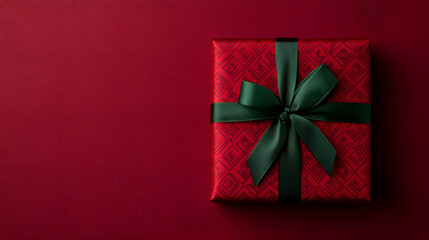 A red gift box with a green ribbon, symbolizing the festive spirit of Christmas, beautifully wrapped for holiday celebrations, evoking feelings of joy, warmth, and the excitement of giving and receivi