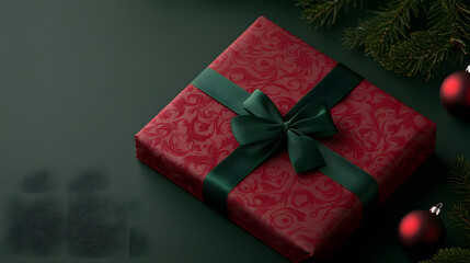 A red gift box with a green ribbon, symbolizing the festive spirit of Christmas, beautifully wrapped for holiday celebrations, evoking feelings of joy, warmth, and the excitement of giving and receivi