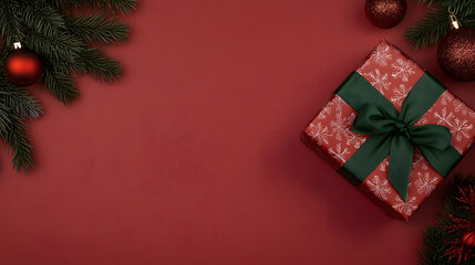 A red gift box with a green ribbon, symbolizing the festive spirit of Christmas, beautifully wrapped for holiday celebrations, evoking feelings of joy, warmth, and the excitement of giving and receivi