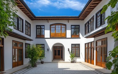 Fototapeta premium The modernized exterior of a two-story house with white walls, black tiles, and wooden windows, surrounded by a courtyard landscape