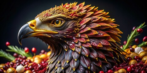 Obraz premium Majestic Golden Eagle: Fantasy Food Photography, Jewel-Encrusted Bird, Luxury Gourmet, Edible Art