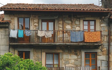 Traditional stone houses in the city of Viana do Castelo, Portugal, with wooden windows and balcony railings