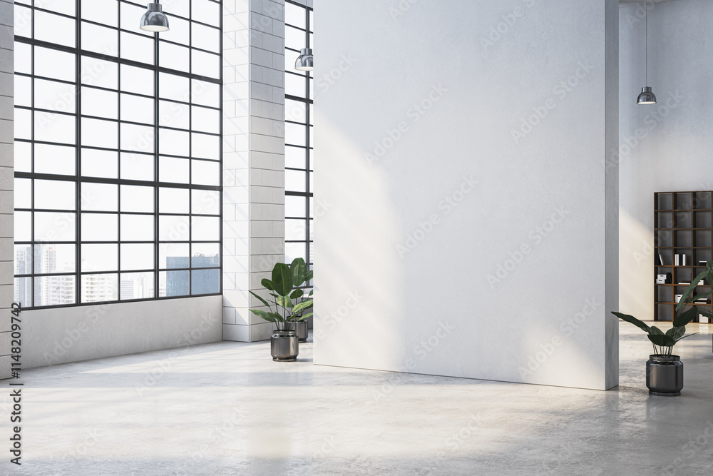 Wall mural Modern office interior with large windows, white walls, potted plants, and shelving unit in a bright room with cityscape view. 3D Rendering