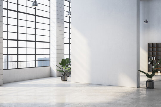Modern office interior with large windows, white walls, potted plants, and shelving unit in a bright room with cityscape view. 3D Rendering
