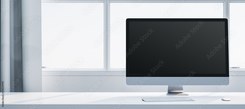 Aufkleber Minimalistic desktop setup with a black screen monitor, keyboard, and mouse on a white table near a window with curtains. 3D Rendering