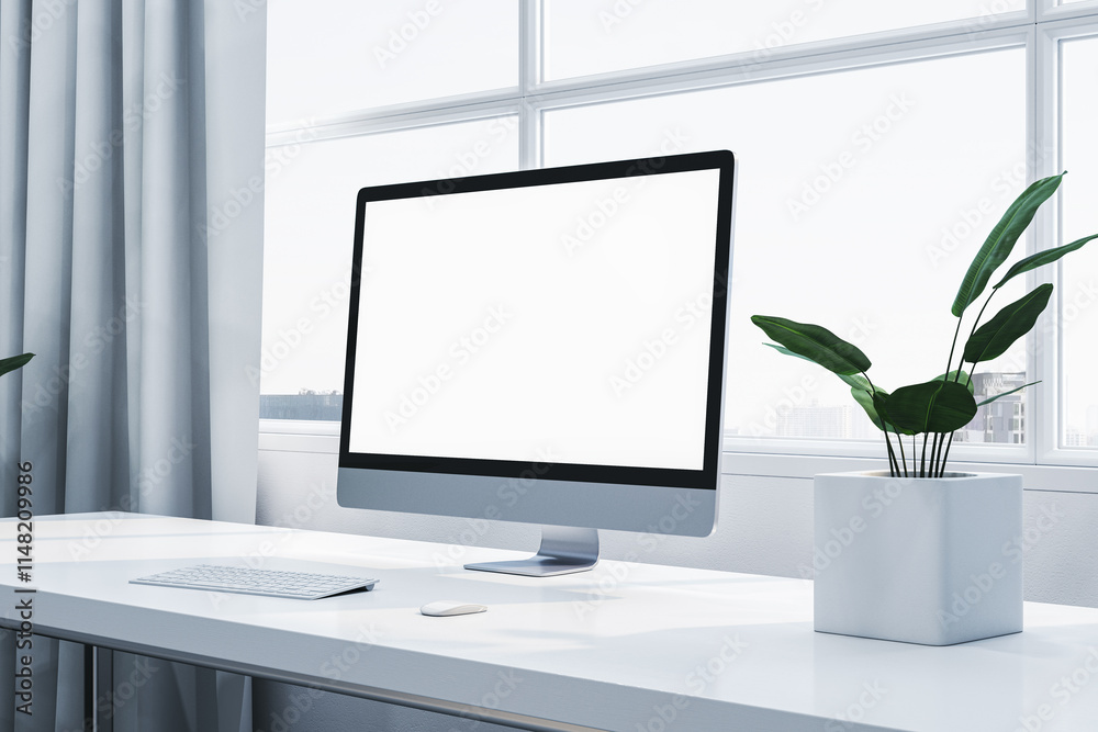 Poster modern desktop setup with blank screen monitor, keyboard, mouse, and potted plant on a white table i