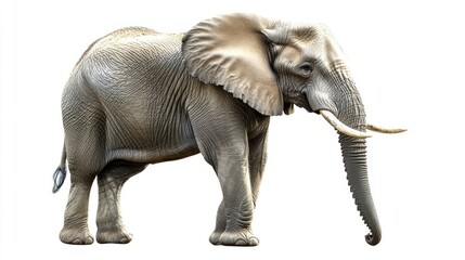 Fototapeta premium Majestic African Elephant Standing Gracefully on White Background, Showcasing Unique Features and Detailed Texture of Skin, with Emphasis on Size and Power of this Iconic Animal