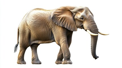 Obraz premium Realistic Representation of a Majestic Elephant with Detailed Skin Texture and Graceful Stance on a White Background for Educational and Creative Purposes