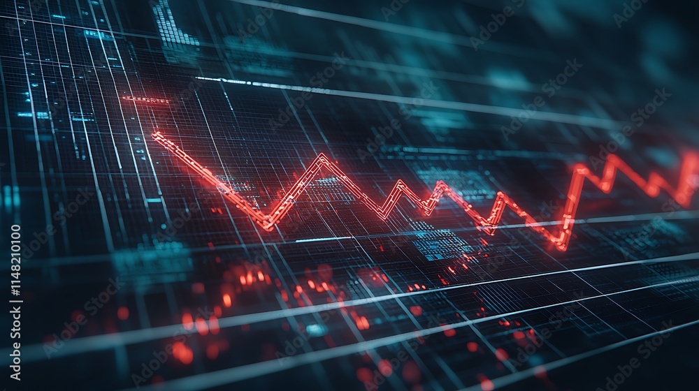 Poster red digital graph showing downward trend on dark tech background.