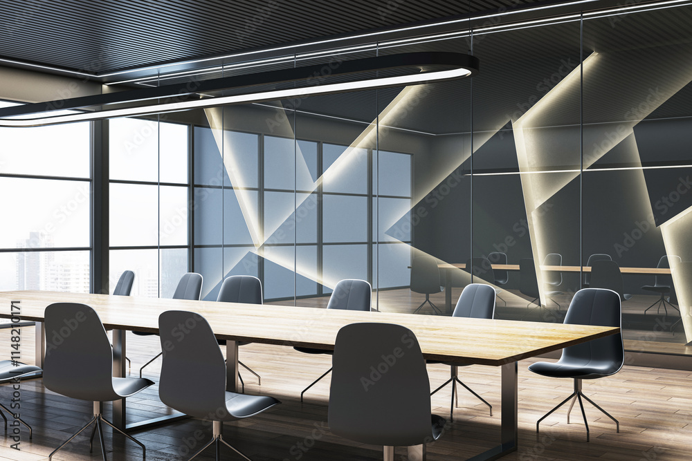 Poster modern conference room with long wooden table and black chairs in a corporate setting with glass wal