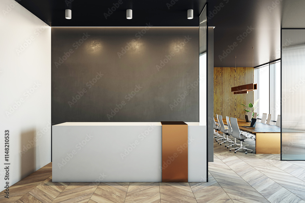 Poster modern reception area with a sleek desk and adjacent conference room featuring wooden panels and gla