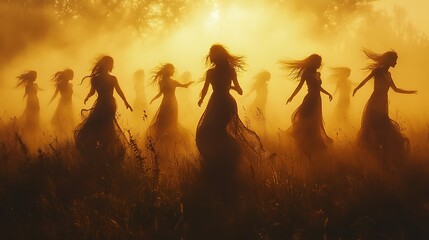 Fototapeta premium Women Dancing in Golden Mist Sunlight Field