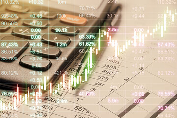 Financial data overlay with calculator and graphs on background.