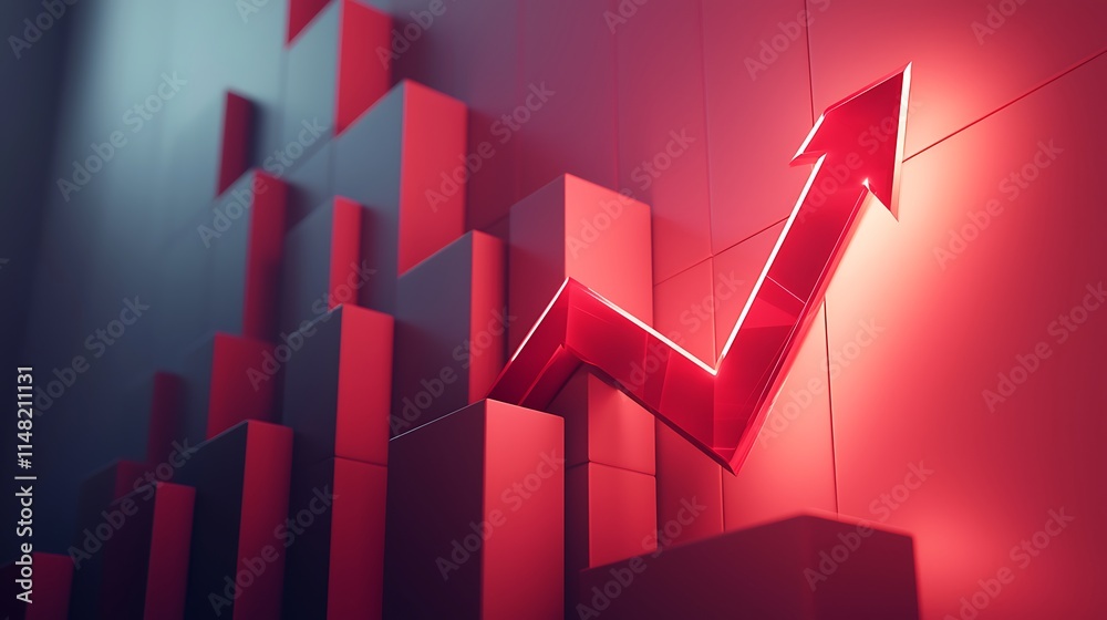 Aufkleber red arrow rising above a 3d bar graph showing growth and success.