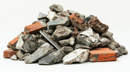 Fototapeta premium Pile of Construction Debris Including Broken Bricks, Concrete Pieces, and Rubble on a Clean White Surface for Environmental and Recycling Themes