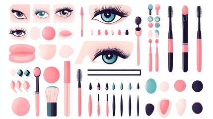 Big set of elements and logos for beauty salon. Nail polish,  manicured female legs, beautiful woman face, eyelash extension, makeup, hairdressing. Vector illustrations