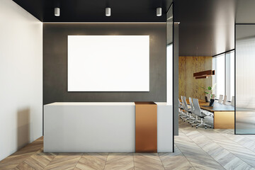 Modern office reception with blank wall and sleek desk in elegant design, featuring a view into a meeting room with wooden accents. 3D Rendering