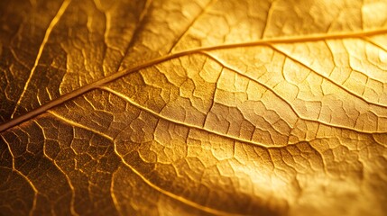 Obraz premium Golden leaf veins macro texture, intricate patterns. Detailed metallic structure, luxurious gold botanical texture, abstract organic geometry, elegant natural design with shimmering finish.