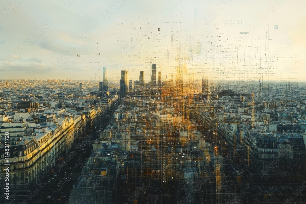 Poster urban skyline integrated with digital neural network showcasing the fusion of technology and city li