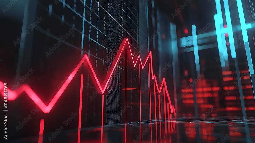 Poster red downward trending line graph on dark tech background.