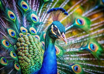 Obraz premium Majestic Peacock Portrait: Vibrant Plumage, Strutting Bird, Detailed Feathers, Wildlife Photography