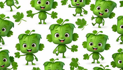 Obraz premium Adorable Green Cilantro Characters Seamless Pattern: Happy Veggie Friends